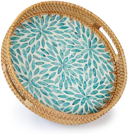 YANGQIHOME Round Rattan Tray with Handle, Mother of Pearl Inlay Decorative Wicker Basket for Coffee, Bread, Fruits, Serving Tray for Home Decor, Blue Flower by YANGQIHOME