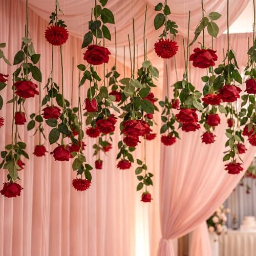 Lyrow 120 Pack Red Roses Artificial Flowers Bulk Hanging Floating Garland Fake Red Rose Vine for Ceiling Decoration Wedding Anniversary Bridal Bouquet DIY Floral Arrangement Proposal Romantic Decor - Image 4