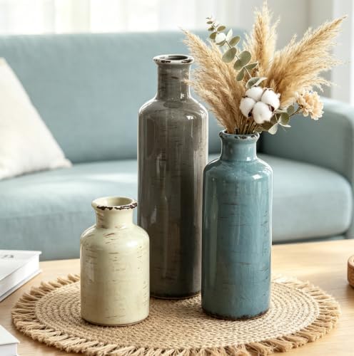 CUCUMI Ceramic Vases Set of 3, Rustic Vintage Vases Coastal Home Decor - Image 3