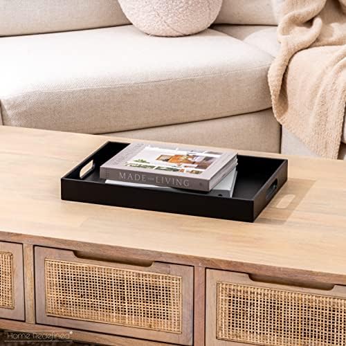 Home Redefined Beautiful Modern Elegant 17.5"x12" Rectangle Classic Black Faux Leather Decorative Tray Ottoman Coffee Table Perfume Living Room Kitchen Serving Tray with Handles for All Occasion's - Image 2