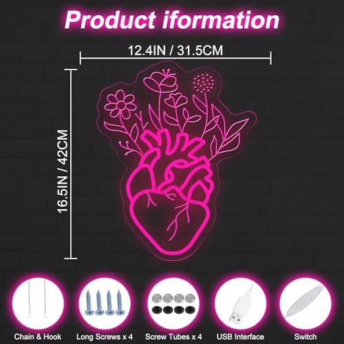 Blooming Anatomical Heart Neon Sign for Bedroom Gothic Floral Wall Decor - Image 3