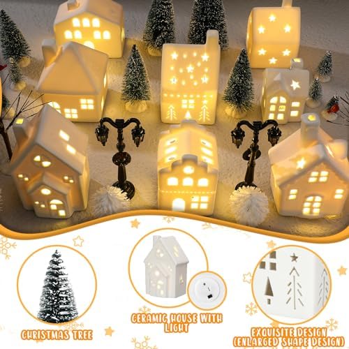 Cindeer 26 Pcs Ceramic Christmas Village Set LED Lighted White,Classic - Image 3