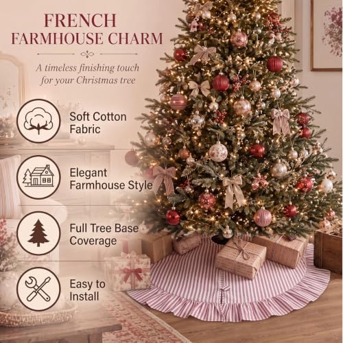 48 Inches Striped Christmas Tree Skirt Vintage Ruffle Decor, Red White - Image 4
