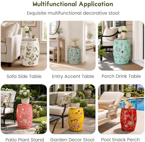 Lefedrasticity Ceramic Garden Stool Outdoor Decorative Garden Stools Hand-Painted Chinoiserie Decor Drum Stool for Garden Patio Backyard Balcony Living Room Bathroom (Green, Pattern 2) - Image 4