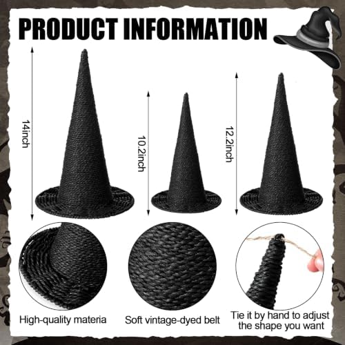 Beeveer 3 Pcs Halloween Rattan Witch Hat Decor, 14/12.2/10.2 Inch - Image 3