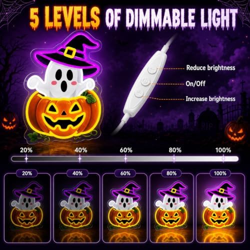 Halloween Neon Sign, Dimmable Cute Ghost Pumpkin LED Lights for Wall Decor - Image 4