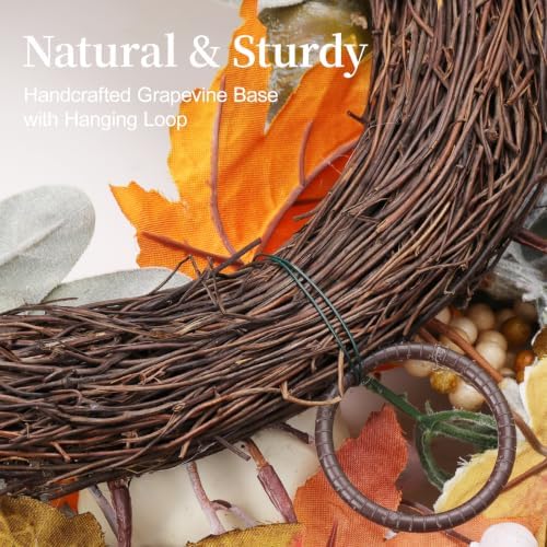 Artificial Fall Wreath 22 Inch Fall Wreaths for Front Door with White Pumpkins Oeange Maple Leaves Lamb's Ear and Berries Autumn Wreath Thanksgiving Harvest Wreath for Festival Wall Porch - Image 5