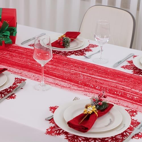 Snowkingdom 6 Pcs Red Glitter Table Runner 10 FT, Sheer Chiffon Sparkle Gauze Cheesecloth Mesh Runners 120 Inch, Red Table Centerpieces Decoration for Birthday Party Wedding Christmas Mothers Day - Image 4