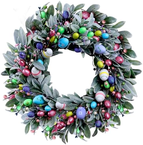 22'' Easter Wreaths for Front Door, Spring Door Wreath with Pastel Eggs, Glitter Eggs, Berries & Silk Lambs Ear Leaves, Artificial Easter Decor Garland for Indoor Outdoor Porch Wall Home Decorations by TinrbipProducts