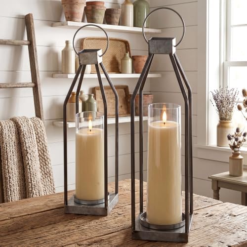 Gerrii 2 Pcs 15"&16.5" Farmhouse Rustic Lanterns Decorative with LED Candle Set Galvanized Metal, Handcrafted Candle Holders, Outdoor Indoor Porch Fireplace Mantel Table Festive Gatherings Decor by Gerrii