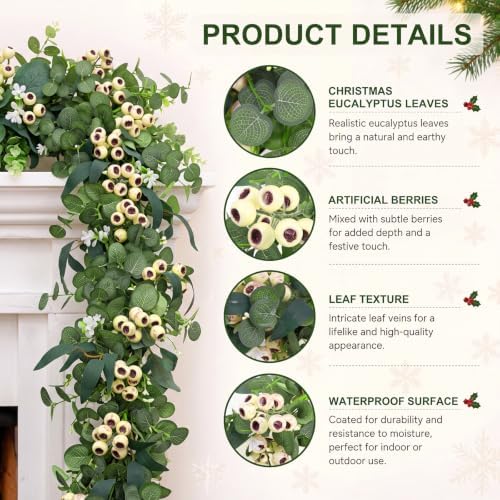 Riceshoot 6FT Christmas Garland for Mantel Fireplace, Artificial Eucalyptus Berry Garland, Rustic Farmhouse Boho Style Mantle Decor, Realistic Holiday Greenery for Xmas Party Wedding Indoor Outdoor - Image 3