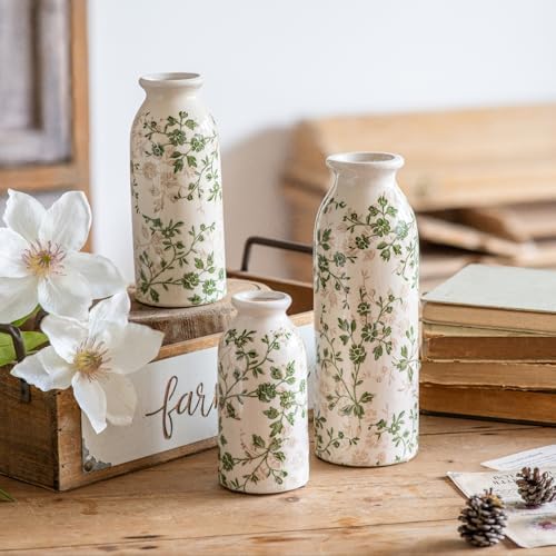 Teweiqi Vintage Vase Set of 3, Ceramic Flower Vases Chinoiserie Decor, Rustic Farmhouse Vases Retro Decorative Vases, for Home Living Room Kitchen Table Mantle Shelf Decor - Green and White - Image 7