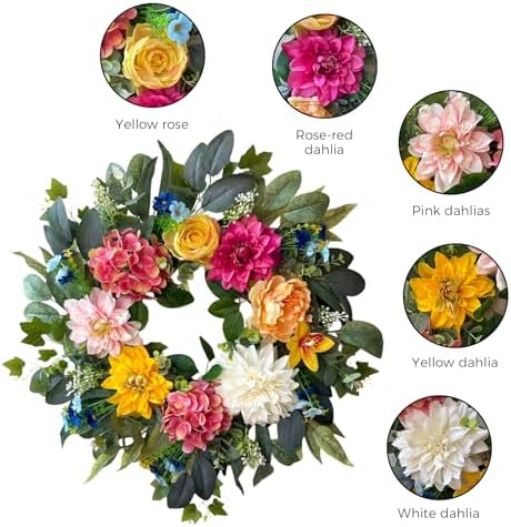 24 Inch Spring Wreaths for Front Door,Spring Wreaths,Spring Summer Door Wreaths with Yellow and Pink Dahlia Hydrangea Peony Flower Wreath for Outside Indoor Outdoor Home Porch Wall Decor - Image 3