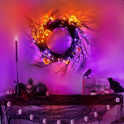 9FT 72 LED Halloween Garland with Lights Lighted Black Willow Vine Decorations with 12 Pumpkin & 12 Bat Light, 8 Modes Battery Operated Halloween Lights Indoor Spooky Decor for Fireplace Mantel Wall - Image 6