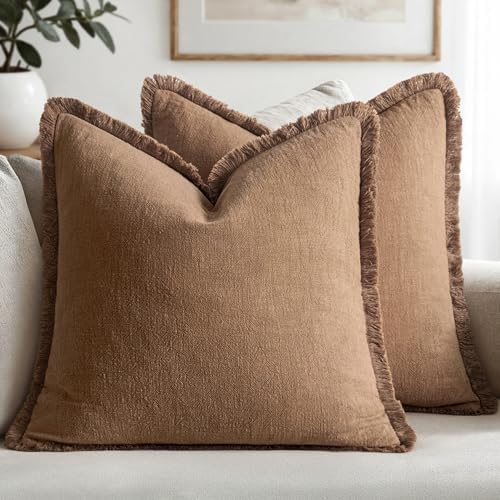 MIULEE Linen Fringe Decorative Fall Euro Throw Pillow Covers Brown 22x22 by MIULEE