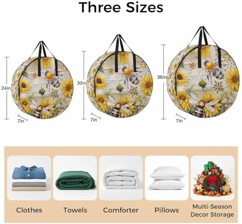 Summer Sunflower Bee Round Storage Bag 24 Inch, Yellow Floral Plants Wood Grain Rustic Clothes Storage Container with Handles Heavy Duty Organizer for Comforter, Bedding & Holiday Wreaths - Image 7