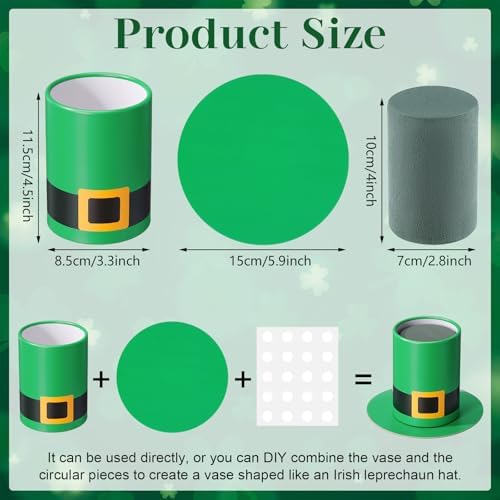 Remerry 6 Set 5 Inch St. Patrick's Day Hat Vase Table Centerpiece Green High Top Hat Buckle Round Flower Box with Paper Removable Foam Green Vase for Irish Wedding Holder Kitchen Home Party Decoration - Image 2