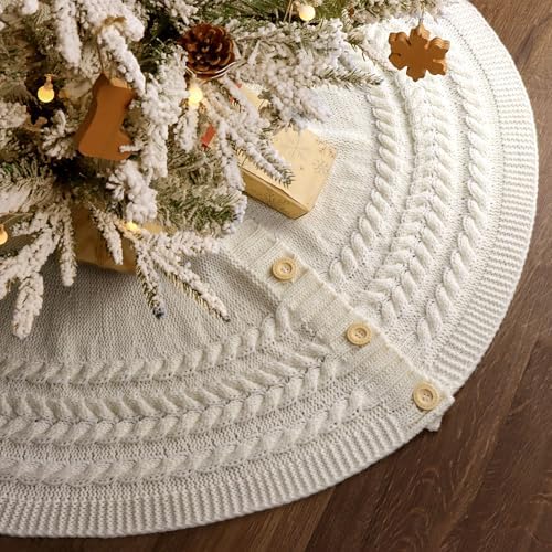Christmas Tree Skirt 48 Inches: Annual Rings Chunky Cable Knit Cream White Tree Skirt, Thick Rustic Christmas Tree Decorations Neutral Christmas Decor Christmas Tree Skirts Xmas Home Party Supplies by MelonBoat