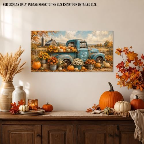 WAXWHELK Truck Fall Canvas Wall Art, Rustic Farmhouse Vintage Blue Truck Pumpkins and Sunflowers Painting Pictures, Autumn Thanksgiving Artwork for Living Room Kitchen Home Decor (12"x24") - Image 2