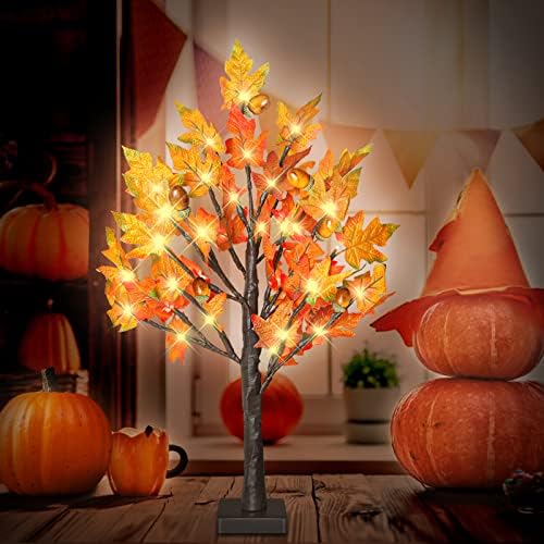 24 Inch Fall Lighted Maple Tree, 2FT Fall Tree with 36 LEDs, 6 Acorns, Timer Battery Operated, Thanksgiving Decorations Table Lights Tree for Autumn Wedding Party Gift Harvest Home - Image 7