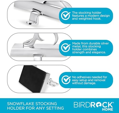 BIRDROCK HOME Whimsical Snowflake Stocking Holder for Mantle – Weighted Metal Hooks for Christmas Stockings – Sturdy Hangers for Fireplace, Shelf, Stairs – Heavy Modern Stand for Hanging Socks –Silver - Image 6