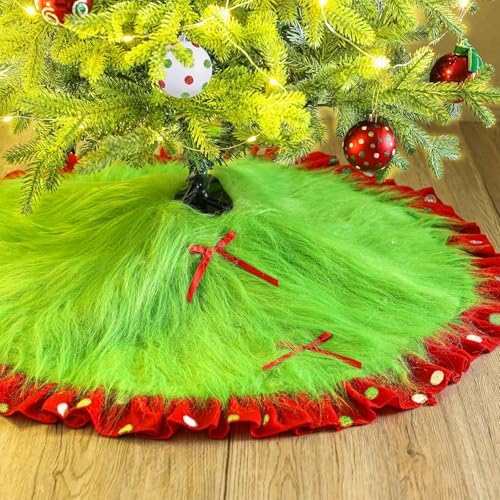 Hollowfly Red Green Christmas Tree Skirt Furry Plush Lime Green, 60 Inch by Hollowfly