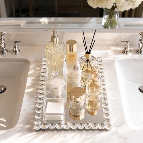 14.8x10.8 Inch Crystal Bead Vanity Tray for Bathroom Decor Silver - Image 2