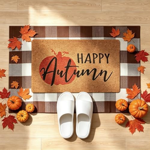 2-Piece Fall Front Door Mat Set, Coir Mat & Brown White Buffalo Plaid Mat - Image 3
