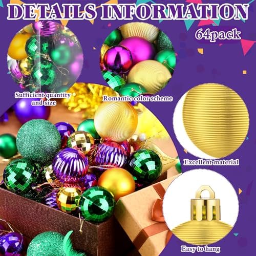 Lunmon 64 Pcs Mardi Gras Christmas Ornaments Purple Yellow Green Xmas Bulbs - Image 4