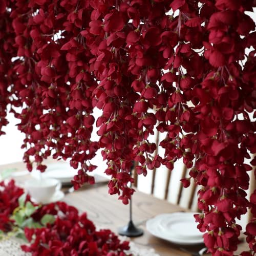 mizii 6Pcs Burgundy Wisteria Hanging Flowers 48" Silk Wisteria Artificial Flowers Garland Vines Fake Hanging Flower Decoration for Wedding Wall Backdrop Centerpieces Party Room Decor (Burgundy Red) - Image 4