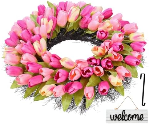 Wreaths, Tulip Wreath, 24 Inch Wreath for Front Door, Spring Wreaths with Metal Hanger, for Summer and Winter, Indoors,Outdoors, corridors, Offices. (Pink) - Image 4