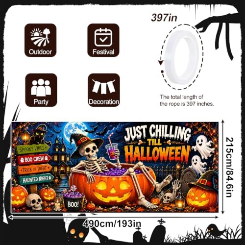 Funny Halloween Garage Door Banner 7x16ft, Just Chilling Till Halloween Outdoor Decoration, Cute Ghost and Skeleton Pumpkin Double Garage Door Cover Tapestry Mural for House Front Holiday Decor - Image 2