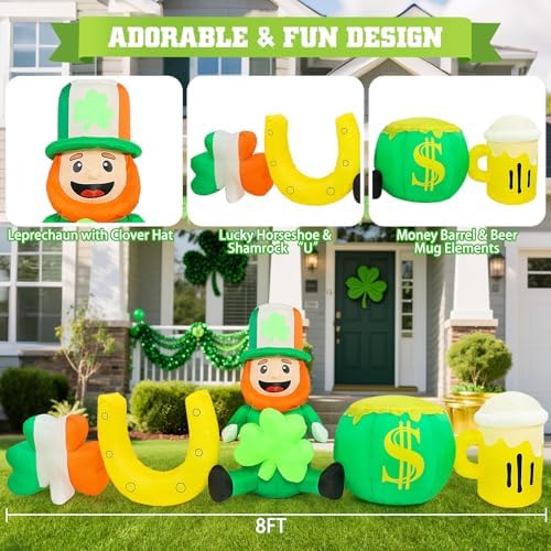 St Patricks Day Inflatables Outdoor Decorations 8FT Leprechaun Inflatable with Shamrock Horseshoe Pot of Gold Beer Cup Yard Lawn Party Garden Home Holiday Irish Saint Patrick’s Blow Up Décor - Image 2