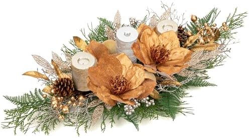 35" Champagne Christmas Centerpiece with Candle Holders, Magnolias Gold Christmas Balls Berries Leaves Branches Pine Cones Pine Needles for Xmas Table Decor, Holiday Candelabrum for Mantel Decorations by NatureCrafted