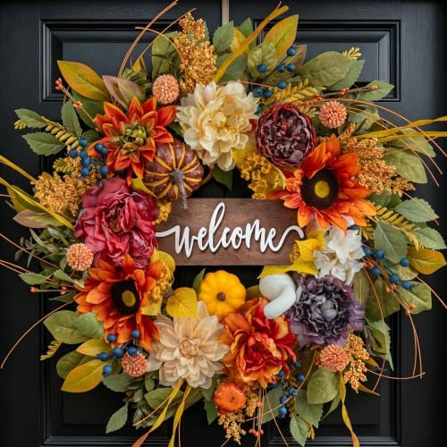Artificial Harvest Fall Wreaths for Front Door 24 Inch Autumn Wreath by Pinkpuii
