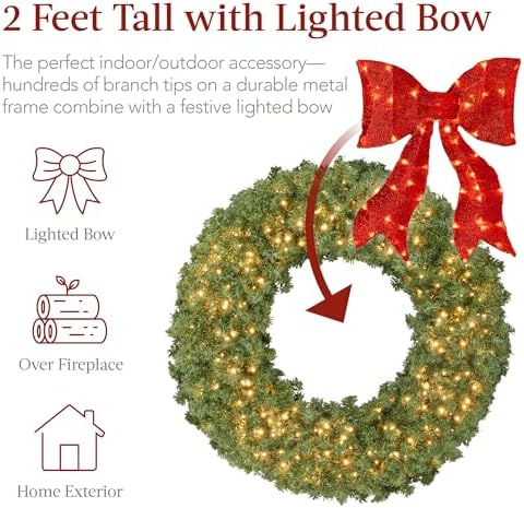 Best Choice Products 24in Large Artificial Pre-Lit Fir Christmas Wreath Holiday Accent Decoration for Door, Mantel w/Red Lighted Bow, 70 LED Lights, 100 PVC Tips, Battery Operated - Image 3
