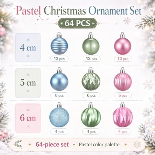 Lunmon 64 Pcs Pastel Christmas Ball Ornament 1.57/1.97/2.36 Inch Xmas Bulbs - Image 3