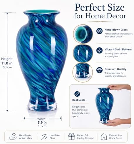 11.8" Tall Glass Vase Beautiful Hand Blown Glass Vase Modern Art Home Decor, Wide Mouth Colorful Vases for Mantle Dining Table Centerpiece, Entryway Living Room Wedding Decoration (Deep Blue) - Image 3