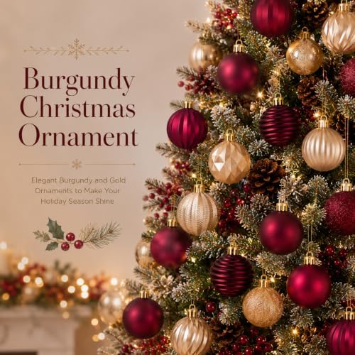 Lunmon 64 Pcs Burgundy and Gold Christmas Ball Ornament 1.57/1.97/2.36 Inch - Image 5