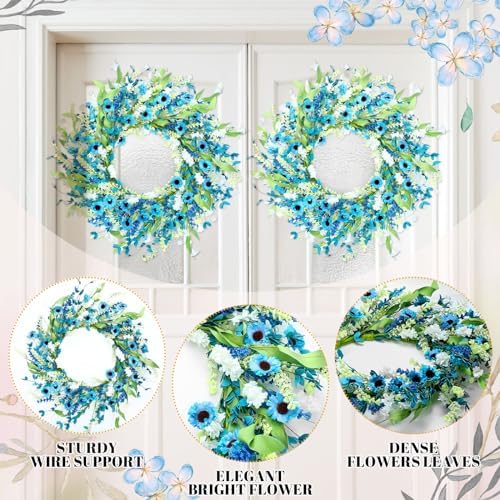 Hotop 2 Pcs Spring Summer Door Wreath for Front Door 22'' Artificial Blue Daisy Flower Wreaths with White Floral Green Leaves for Indoor Outdoor Home Wedding Farmhouse Window Decor - Image 3