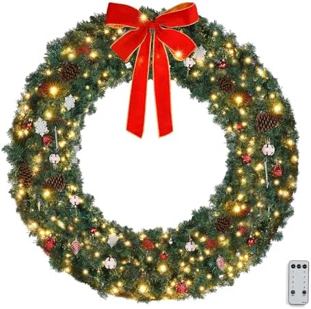 VINGLI 60" Large Pre Lit Outdoor Christmas Wreath with 220 LED Lights by VINGLI