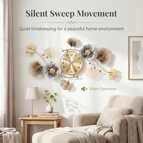 47" 3D Ginkgo Leaf Metal Wall Clock for Home Wall Decor - Image 5
