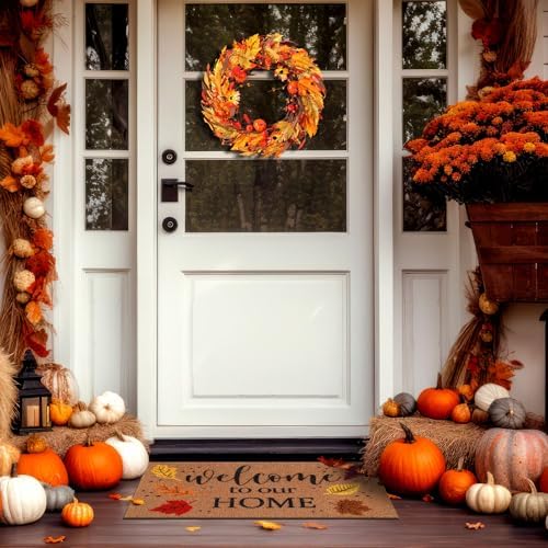 2 Pcs Fall Welcome Door Mat and Wreath for Front Door Autumn Outdoor Mat - Image 6