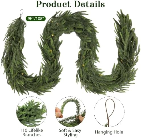2Pcs 9FT Soft Touch Artificial Norfolk Pine Christmas Garland with Lights - Image 6