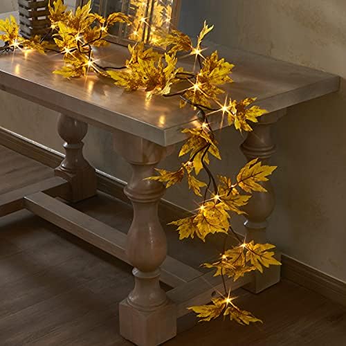 LITBLOOM Lighted Fall Garland with Timer 6FT 24 Warm White LED, Maple Leaf Vine with Lights Battery Operated for Mantle Fireplace Autumn Thanksgiving Harvest Decoration Indoor Outdoor by LITBLOOM
