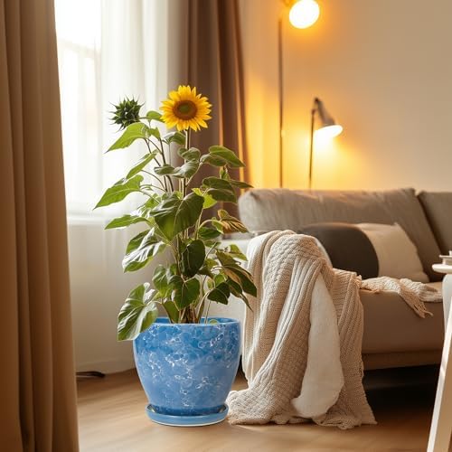 Ceramic Flower Pot - 10 Inch Planter with Drainage Hole and Saucer, Modern Large Planters, Decorative Plant Pot for Indoor Ourdoor, Room Home Garden Porch Decor, Plant Lover Gifts, Blue - Image 2