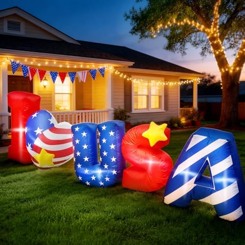 8FT 4th of July Inflatables Outdoor Decorations, LED Lighted ILOVEUSA Patriotic Inflatable Yard Lawn Decor, 210T Fabric Independence Day Holiday Party Garden for America 250th - Image 2