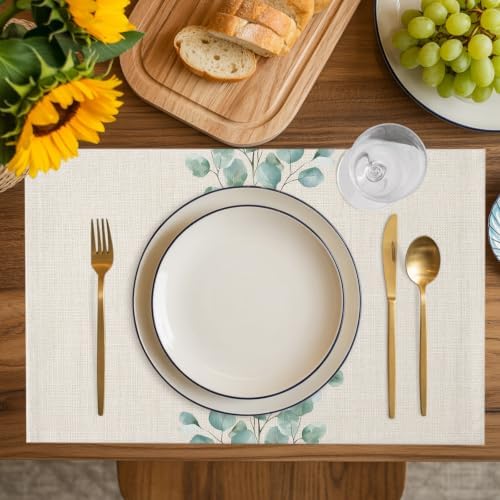 Cotton and Linen Eucalyptus Leaf Placemats Set of 8 Linen Place Mats Washable Table Mats Indoor/Outdoor Placemats for Dinging Table, 13 x 19 Inches - Image 3