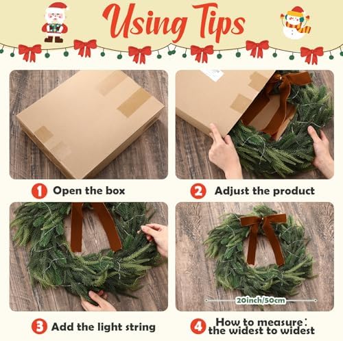 2 Pcs LED Christmas Norfolk Pine Wreath, Gold Bow, Classic - Image 3