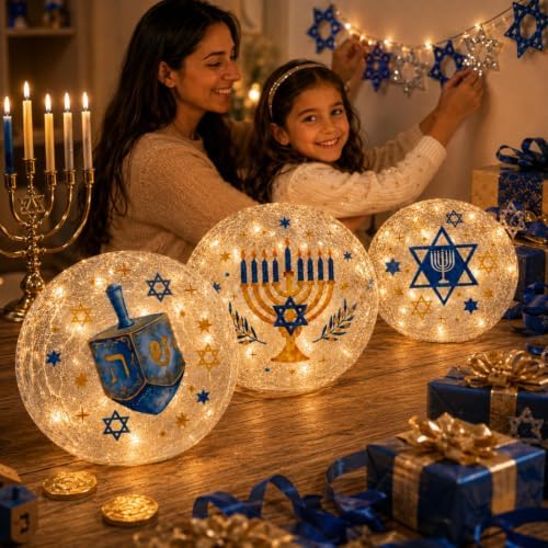 Capoda Hanukkah Decorations, 3 LED Glass Orbs, Judaica Centerpieces - Image 3